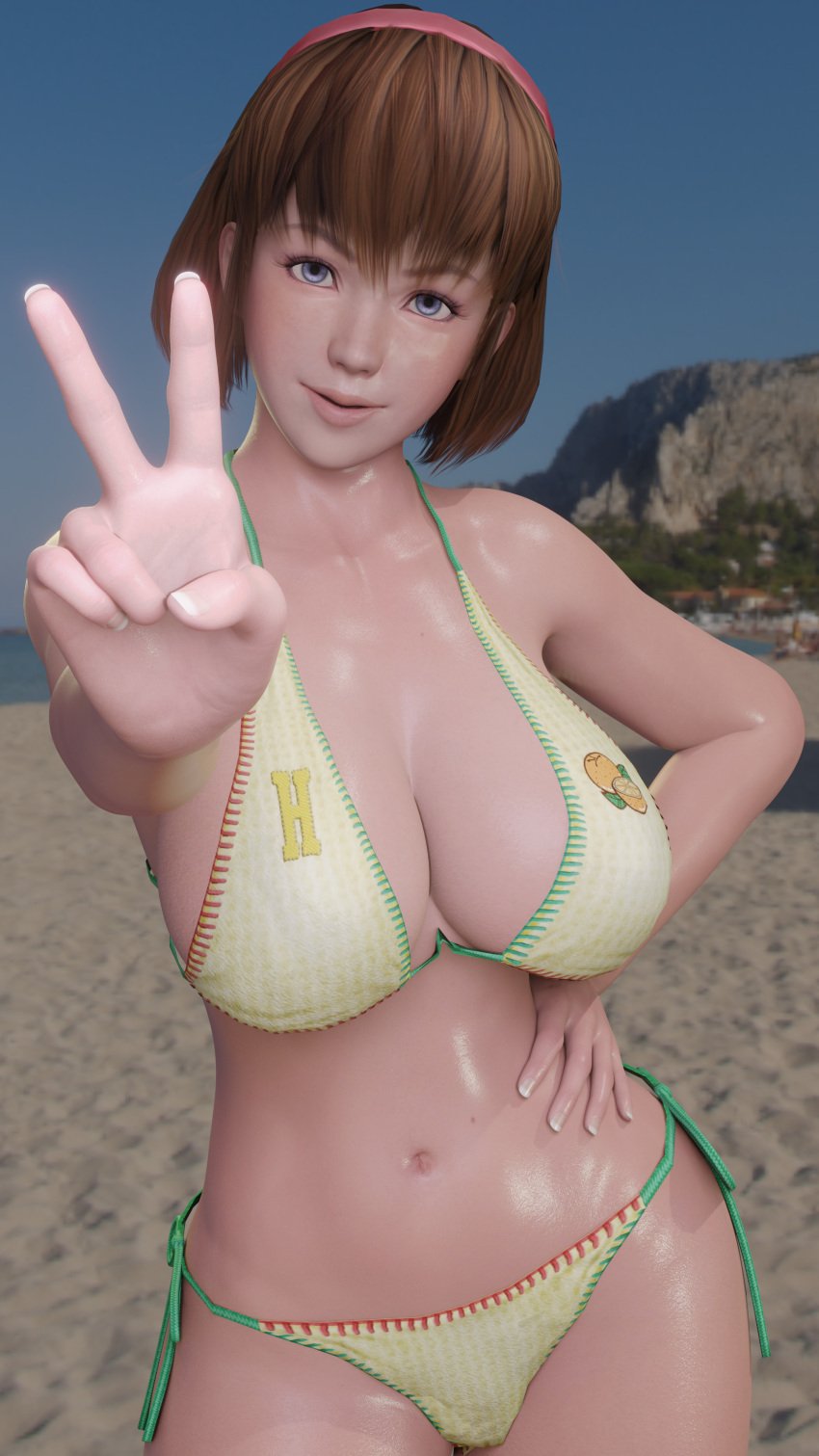 1girls 3d beach big_breasts blue_eyes breasts brown_hair busty dead_or_alive dead_or_alive_xtreme_beach_volleyball dom3d female female_focus female_only hitomi_(doa) hourglass_figure human large_breasts light-skinned_female light_skin outdoors outside solo straight_hair v v_sign wide_hips