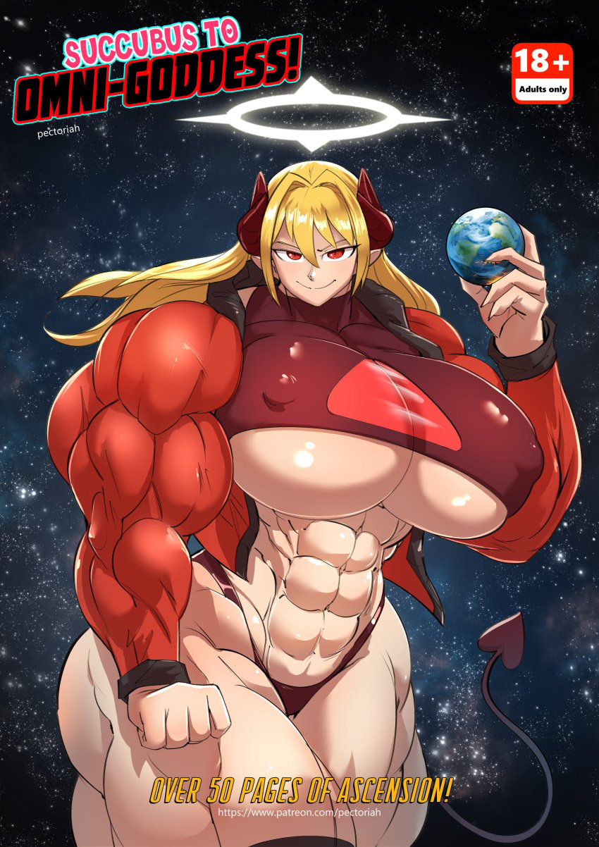 18+_adults_only_sign abs absurd_res artist_name biceps blonde_female blonde_hair comic_cover earth giantess holding_planet huge_breasts huge_thighs hyper_breasts hyper_muscles looking_at_viewer muscular_female patreon_url pectoriah planet red_eyes seductive_look seductive_smile sophia_(pectoriah) space succubus succubus_horns succubus_tail text thick_thighs tight_clothing underboob