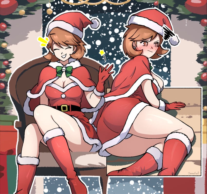 1girls atlus blush breasts christmas damonfive0 embarrassed light-skinned_female light_skin megami_tensei panties pantyshot persona persona_3 santa_costume sega solo solo_female tagme yukari_takeba