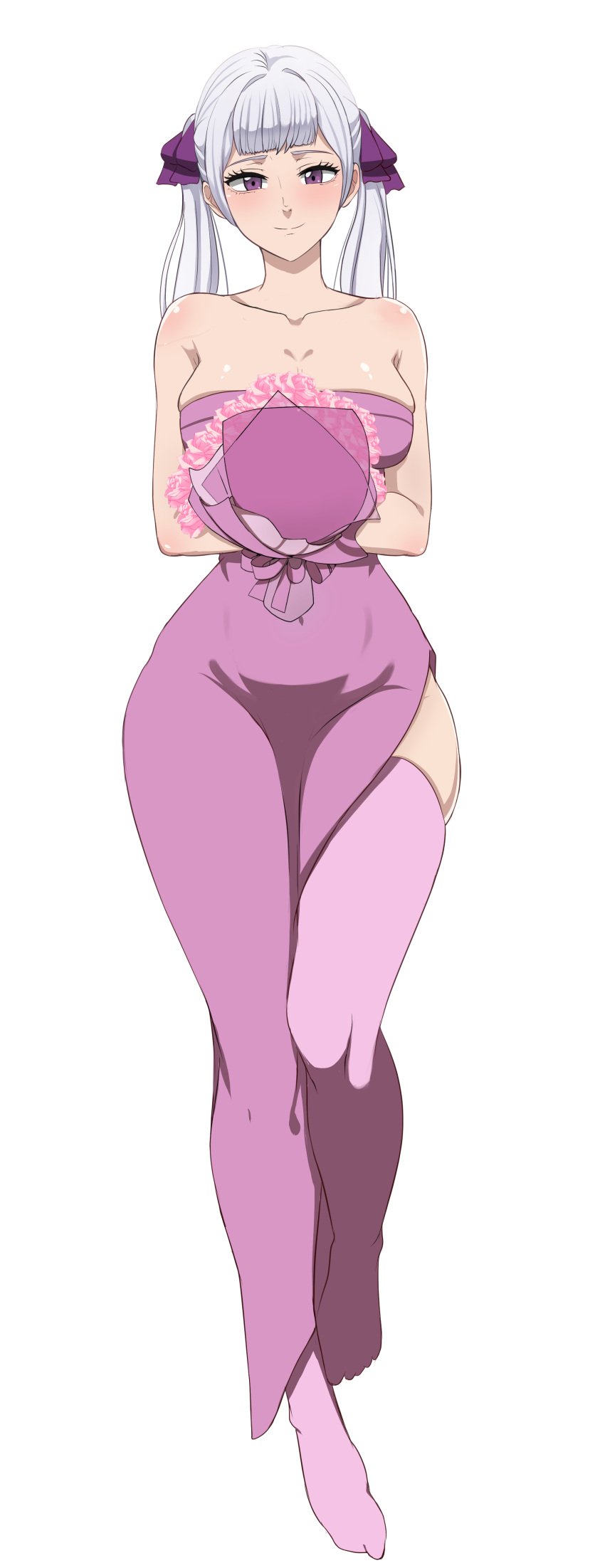 1girls big_breasts black_clover breasts cleavage curvy dakimakura dress flower hi_res holding_object large_breasts looking_at_viewer noelle_silva purple_eyes silver_hair smile stockings the_amazing_gambit thick_thighs thighhighs twintails white_background wide_hips