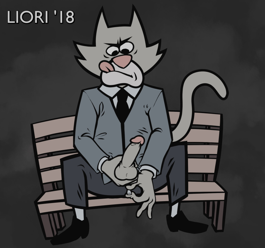 anthro balls bench clothed clothing domestic_cat erection felid feline felis footwear hi_res humanoid_penis jackbox_games legwear male male_only mammal mayonnaise_(jackbox) necktie penis redo_(artist) shoes signature sitting socks solo split_the_room suit the_jackbox_party_pack_5 tongue tongue_out watermark