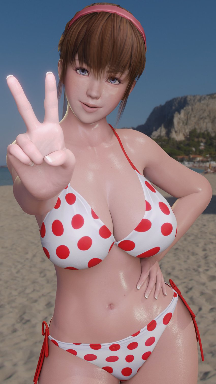 1girls 3d beach big_breasts blue_eyes breasts brown_hair busty dead_or_alive dead_or_alive_xtreme_beach_volleyball dom3d female female_focus female_only hitomi_(doa) hourglass_figure human large_breasts light-skinned_female light_skin outdoors outside solo straight_hair v v_sign wide_hips