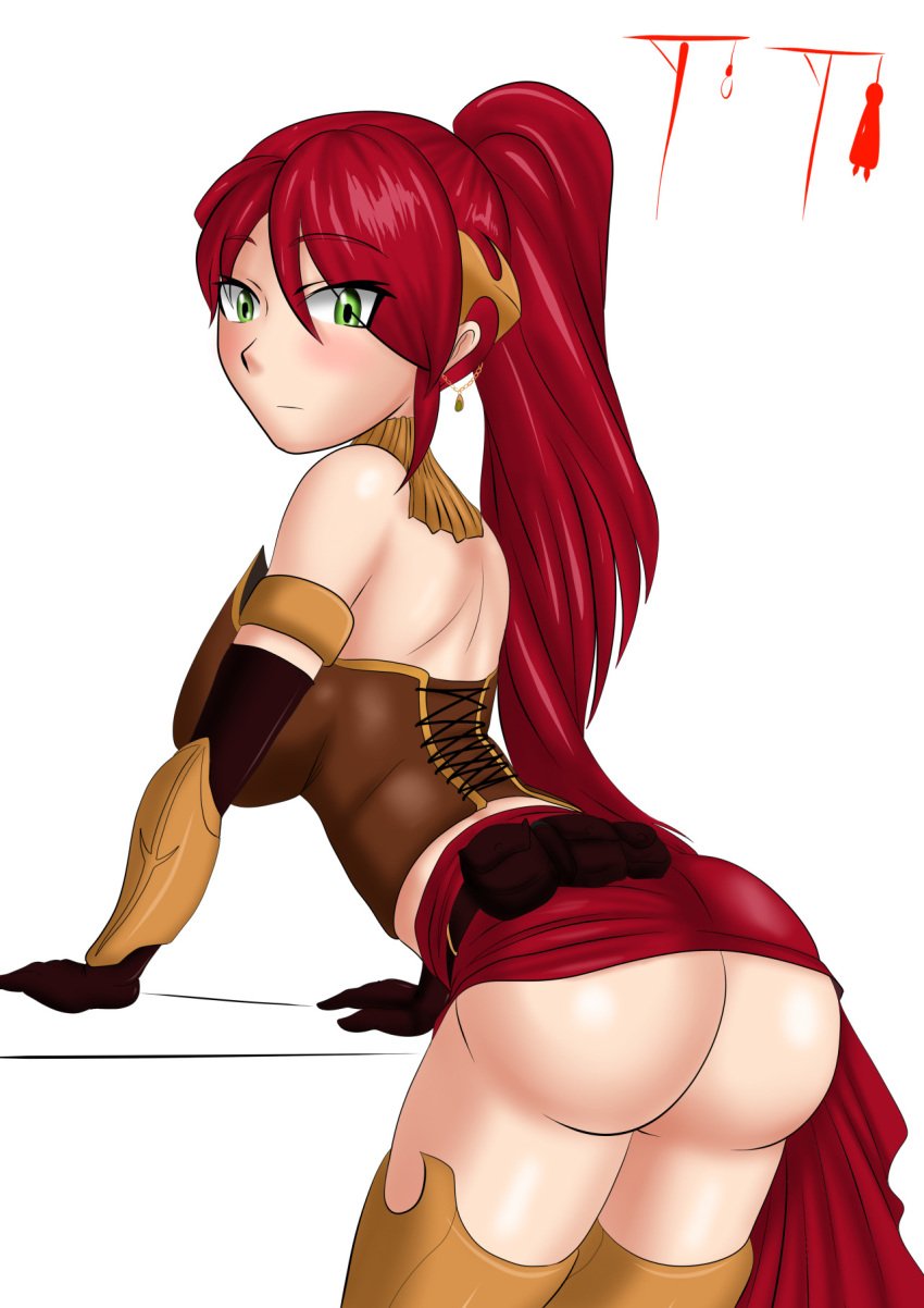 artist_signature ass barely_covered bent_over big_ass breasts green_eyes looking_at_viewer looking_back ponytail pyrrha_nikos red_hair rooster_teeth rwby skirt skirt_up suicidetoto thighs tiara viz_media