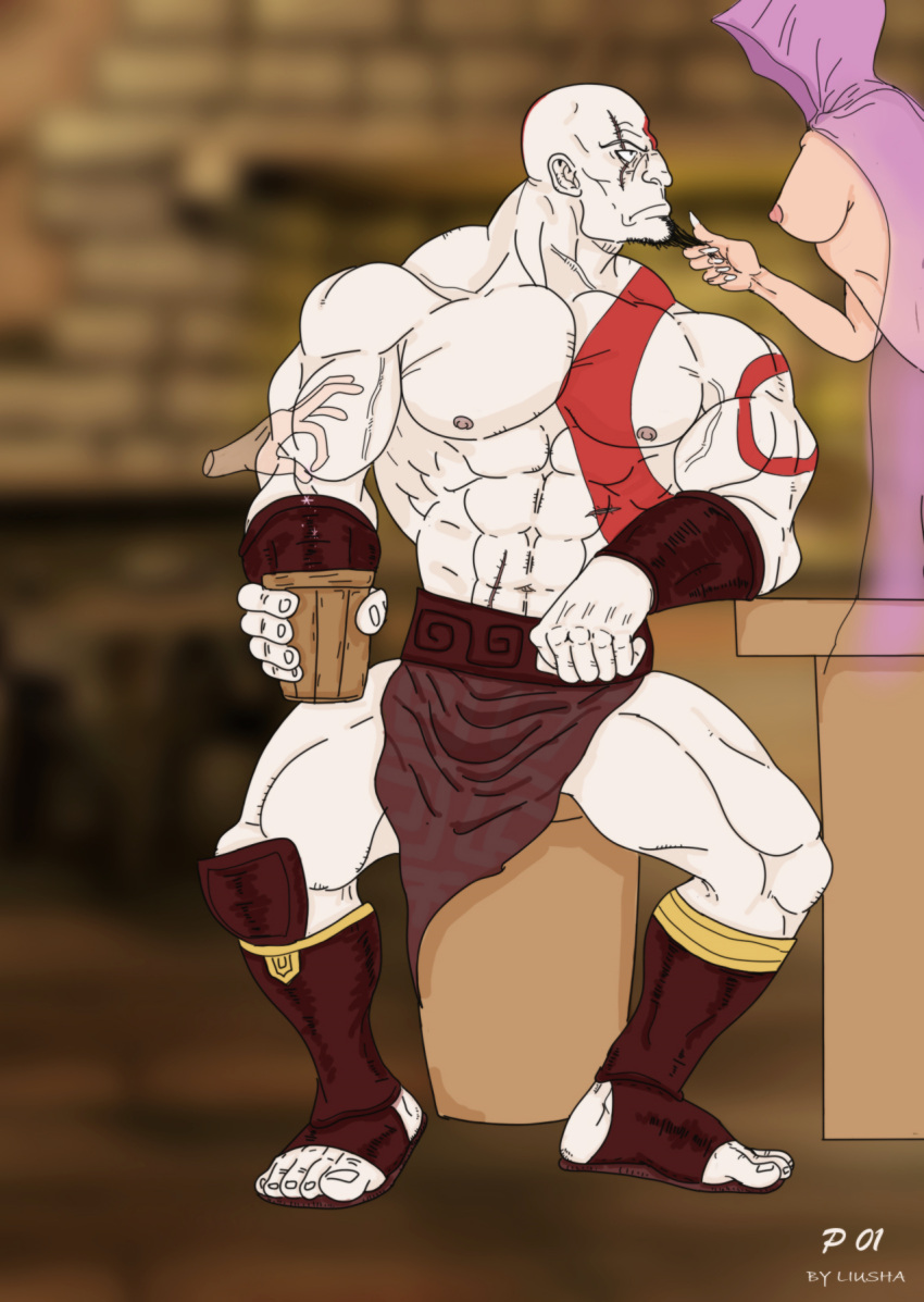 bald_man bara barely_clothed beard drugged god_of_war kratos liushahuiyou male_focus male_only muscular_male red_markings scantily_clad skimpy skirt slutty_outfit solo_male white_skin