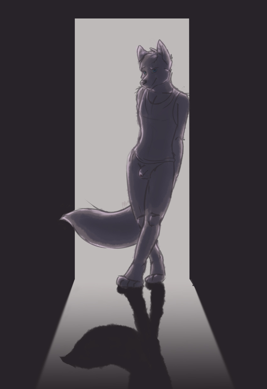 absurd_res ambiguous_species balls bed_face blue_eyes boblios bottomless clothed clothing flaccid foreskin fur furry furry_only greyscale hair hi_res leaning looking_at_viewer male male_only penis shaded shadow simple_background sketch smile smirk standing