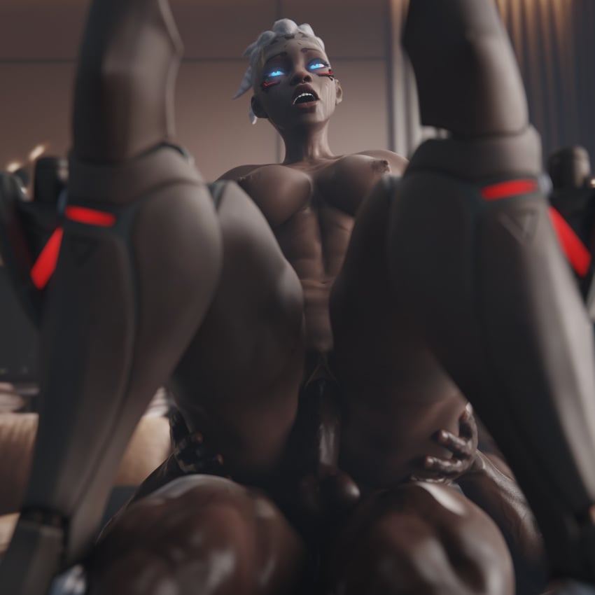 1boy 1boy1girl 1girls 3d abs absurd_res african african_female artist_request athletic athletic_female blue_eyes brown_skin cyborg dark-skinned_female dark-skinned_male dark_skin female gilf glowing_eyes highres male medium_breasts nude nude_female nude_male open_mouth overwatch overwatch_2 reverse_cowgirl_position sojourn_(overwatch) thick_thighs vaginal_penetration vaginal_sex white_hair