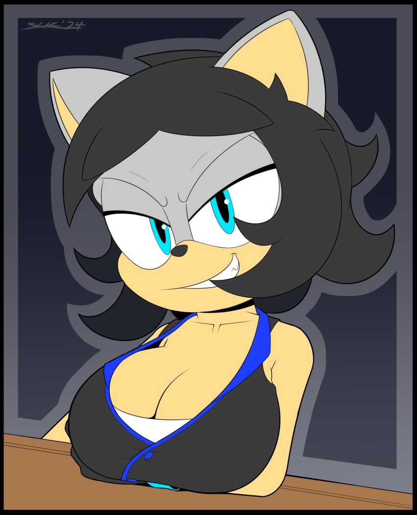 1girls anthro big_breasts black_hair blue_eyes breasts cleavage furry large_breasts looking_at_viewer makia_(slickehedge) oc original_character short_hair slickehedge smirk smirking smirking_at_viewer solo solo_female solo_focus sonic_(series) sonic_the_hedgehog_(series)