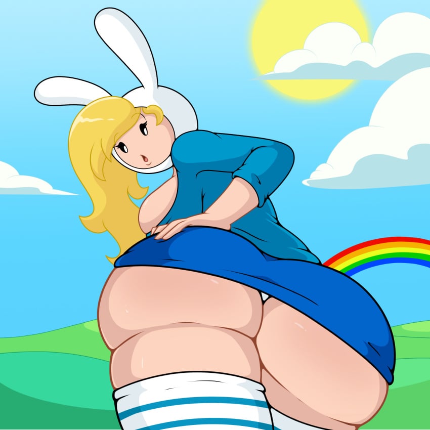 adventure_time adventure_time:_fionna_&_cake animal_hood ass ass_focus big_ass blonde_hair blonde_hair bunny_ears cartoon_network fionna_and_cake fionna_campbell fionna_the_human_girl fionna_the_human_girl hand_on_ass hood long_hair nasiri_(artist) no_nose panties panty_shot pantyshot pantyshot_(standing) shirt short_sleeves skirt stockings striped_socks surprised surprised_expression thigh_high_socks thigh_high_stockings upskirt