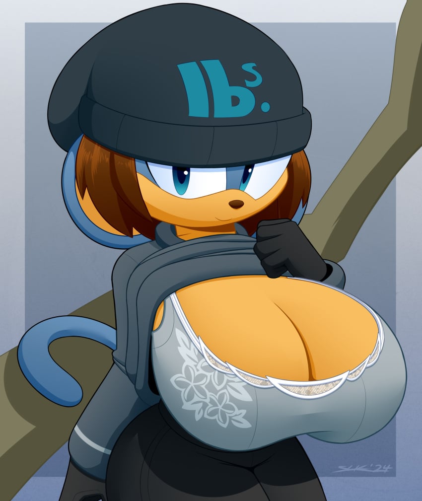 1girls anthro beanie big_breasts blue_hair bra breasts brown_hair cleavage furry gigantic_breasts huge_breasts large_breasts monkey monkey_girl monkey_tail oc original_character short_hair slickehedge solo solo_female solo_focus sonic_(series) sonic_the_hedgehog_(series) tail thick thick_thighs thighs