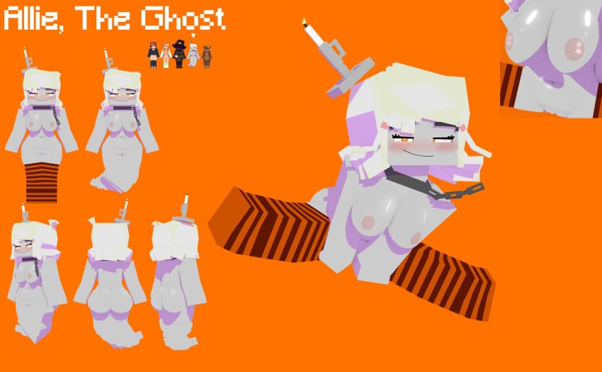 1girls 3d allie_(slipperyt) big_breasts blush breasts female female_only ghost half-closed_eyes marie_the_ghost minecraft model model_sheet monster_girl orange_eyes simple_background slipperyt smile solo spectrophilia stockings thick_thighs topless white_skin