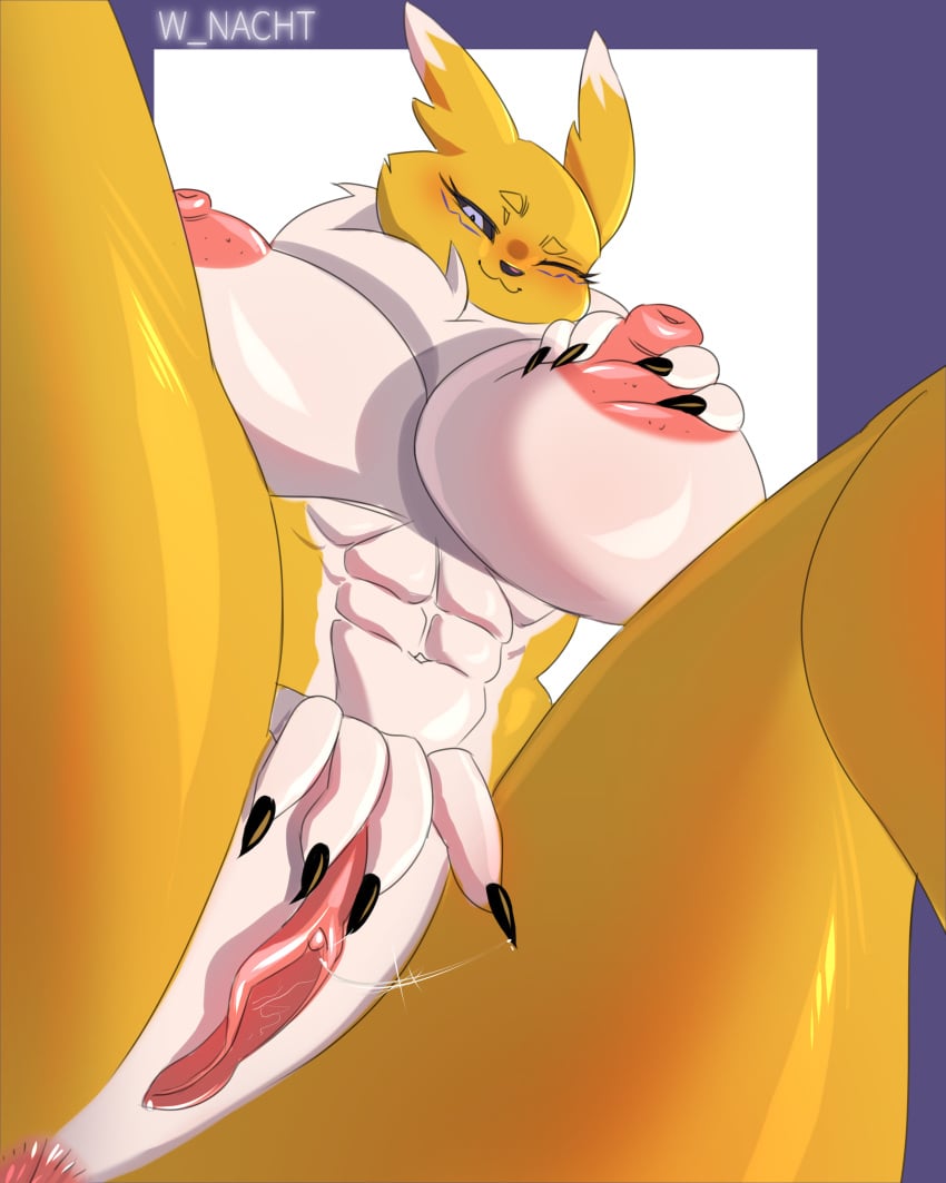 absurd_res anthro bandai_namco big_breasts black_sclera breasts digimon digimon_(species) female fur hi_res nipples nude renamon simple_background solo white_body white_fur winter_nacht yellow_body yellow_fur