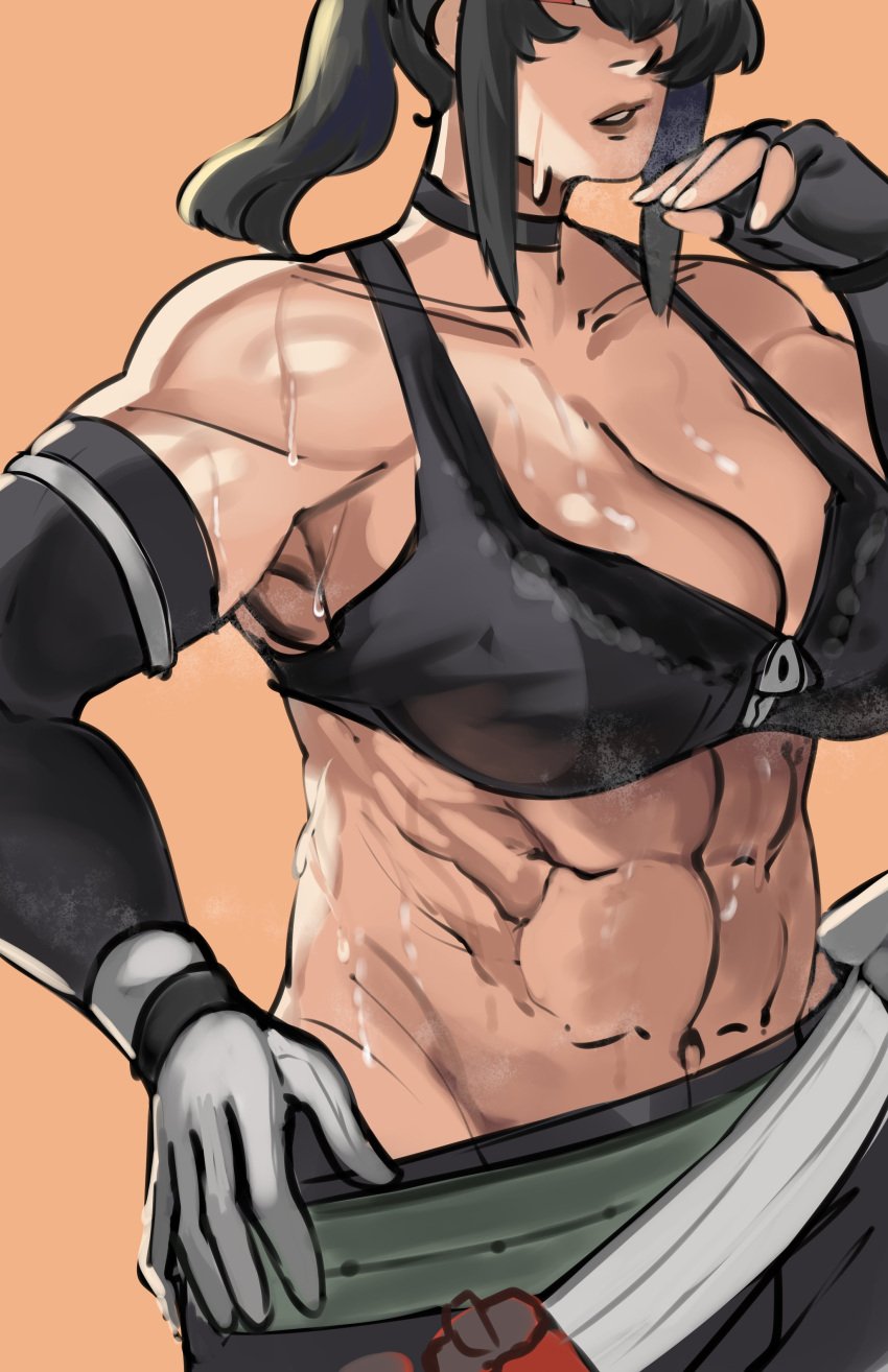 abs beefy biceps big_arms big_breasts big_girl buff buff_female chocker clothing grace_howard muscle_mommy muscular muscular_arms muscular_female puzzled_artist revealing_clothes sports_bra sweat sweating sweaty sweaty_body zenless_zone_zero