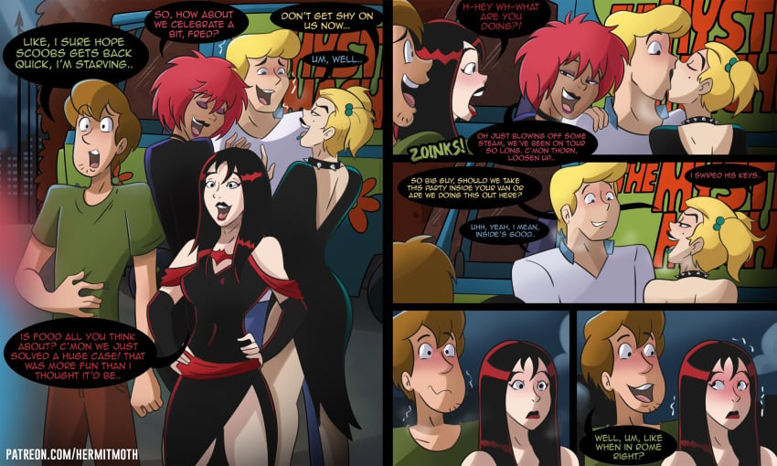 2boys 3girls black_hair black_lipstick black_outfit blonde_hair blush clothing dark-skinned_female dark_skin dialogue dusk_(hex_girls) female fred_jones hermitmoth hex_girls human kissing light-skinned_female light-skinned_male light_skin looking_at_another luna_(hex_girls) male open_mouth red_hair scooby-doo scooby-doo_and_the_witch's_ghost shaggy_rogers straight text text_bubble thorn_(hex_girls)