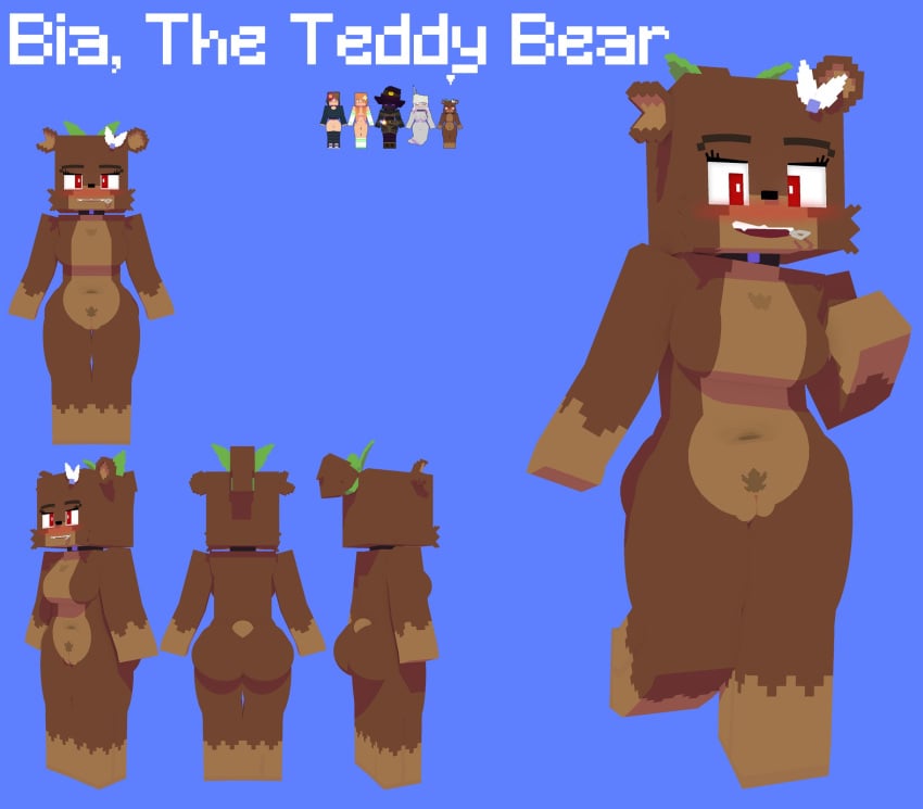 1girls 3d anthro bear bia_prowell_(slipperyt) blush breasts brown_fur brown_skin female female_only furry horny_female humanoid living_plushie looking_at_viewer mine-imator minecraft model model_sheet outside plushie red_eyes simple_background slipperyt solo tagme teddy_bear