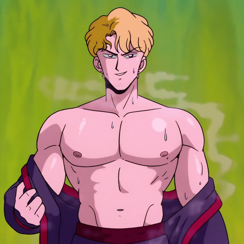 blonde_hair blonde_male etux jadeite jedite male male_nipples male_only nipples no_visible_genitalia pecs pectorals stripping sweat sweaty villain