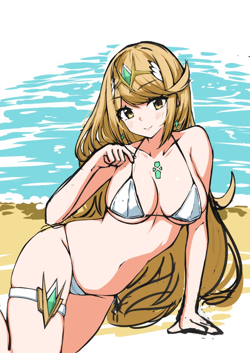 aotsuba blonde_hair breasts core_crystal female female_only looking_at_viewer mythra nintendo solo swimsuit xenoblade_(series) xenoblade_chronicles_2