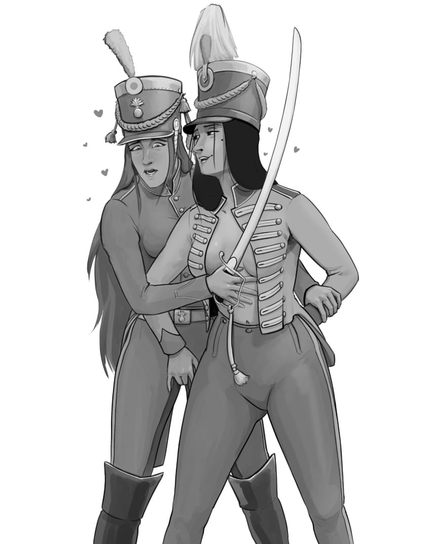 2girls argentina clothed colombia dark_hair female female_only heart heart_symbol hetaira history latin_america military military_uniform monochrome sword yuri