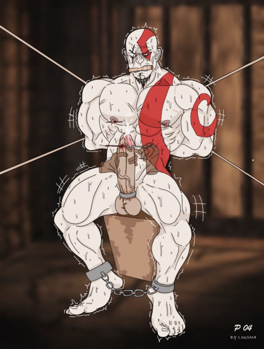 bald_man bara beard blood drugged god_of_war kratos liushahuiyou male_focus male_only muscular_male red_markings solo_male tied_arms tied_to_chair tied_up torture torture_device white_skin