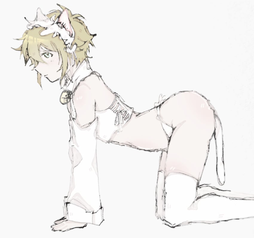 1boy back_arch basil_(omori) blonde_hair blush cat_ears cat_tail femboy kneeling omori rowanzzz submissive submissive_male tail_plug white_panties white_socks