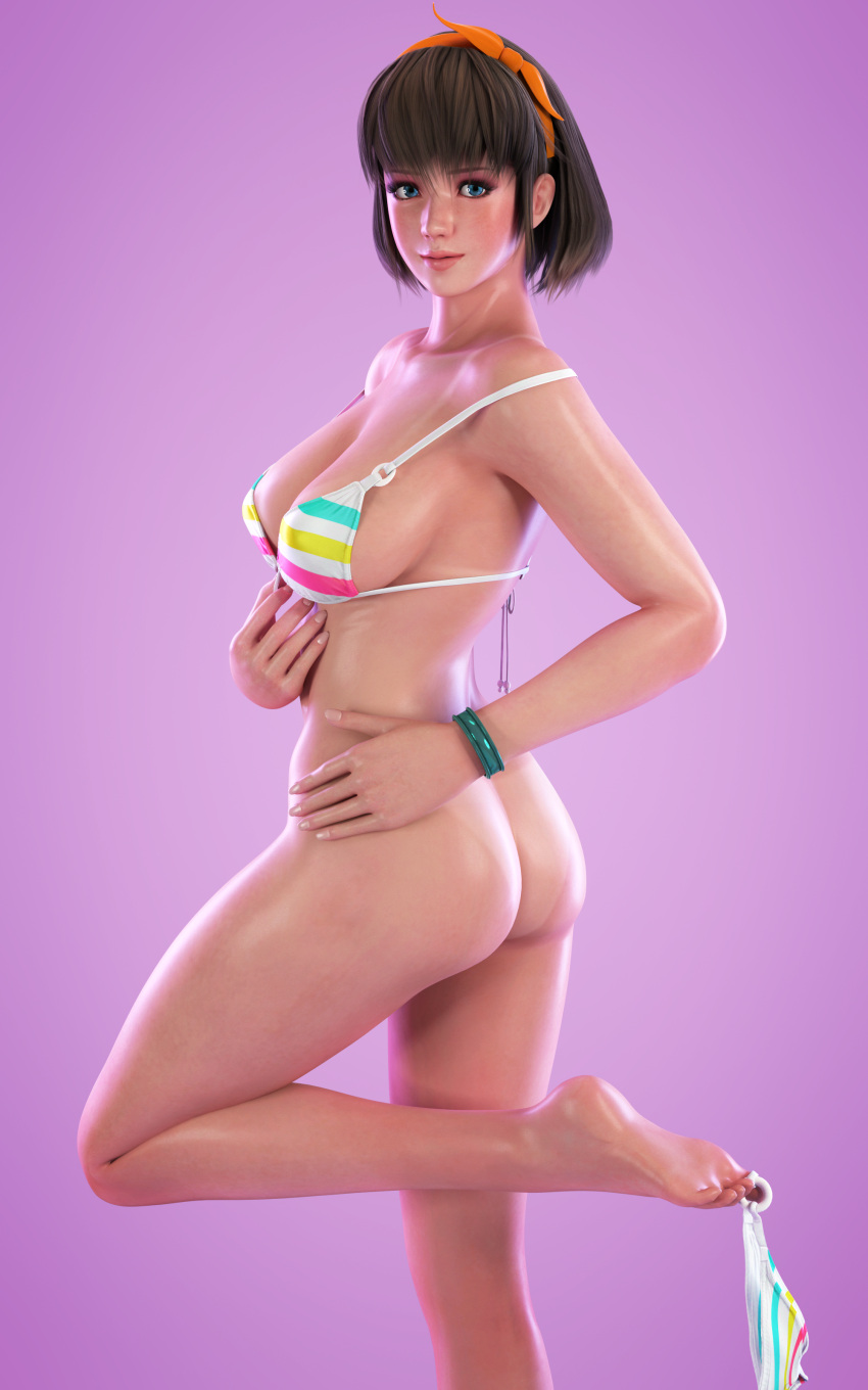 1girls 3d ass athletic athletic_female big_breasts bikini bikini_tan blue_eyes bottomless breasts brown_hair bubble_butt busty darts77 dead_or_alive female female_focus female_only hitomi_(doa) hourglass_figure human light-skinned_female light_skin long_legs pinup pinup_pose pose short_hair solo standing straight_hair stripping swimsuit tagme tan tan_body tanline thighs undressed undressing wide_hips