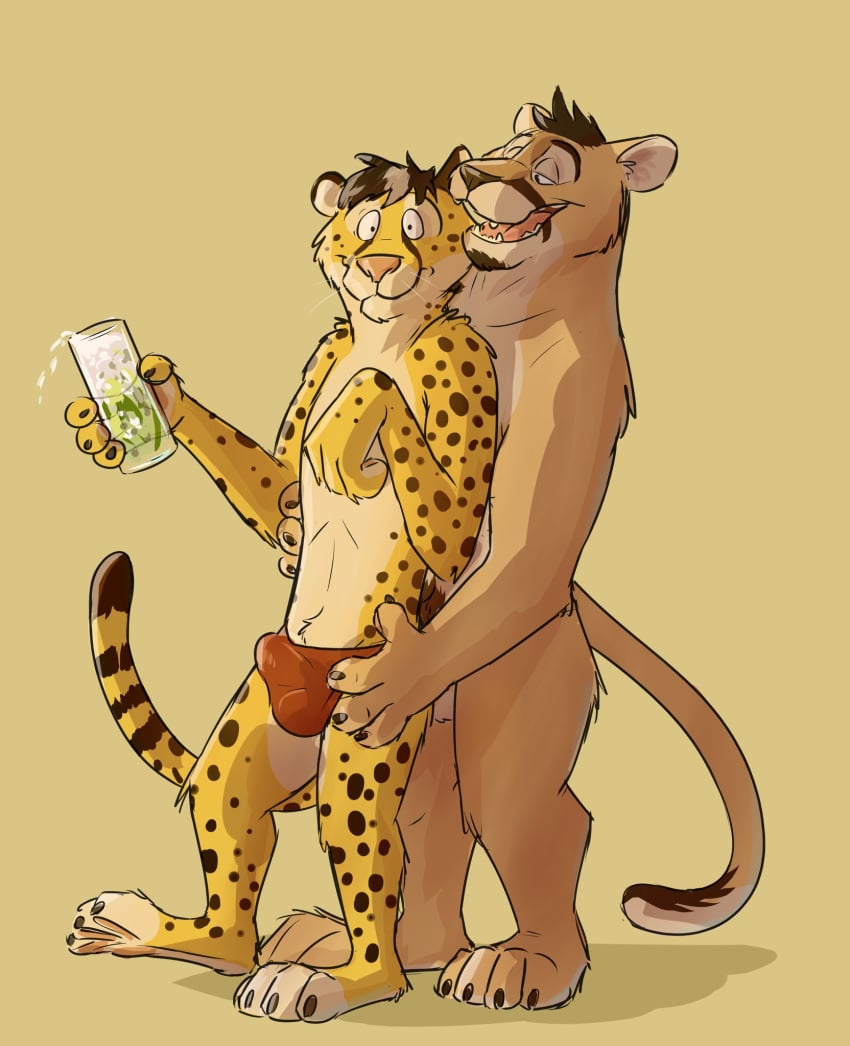 anthro balls_outline beverage black_spots cheetah clothed clothing duo erection erection_under_clothing felid feline fur hi_res holding_glass holding_object male male_only mammal multicolored_body multicolored_fur open_mouth paintfox simple_background spots spotted_body spotted_fur story story_in_description striped_tail stripes topless