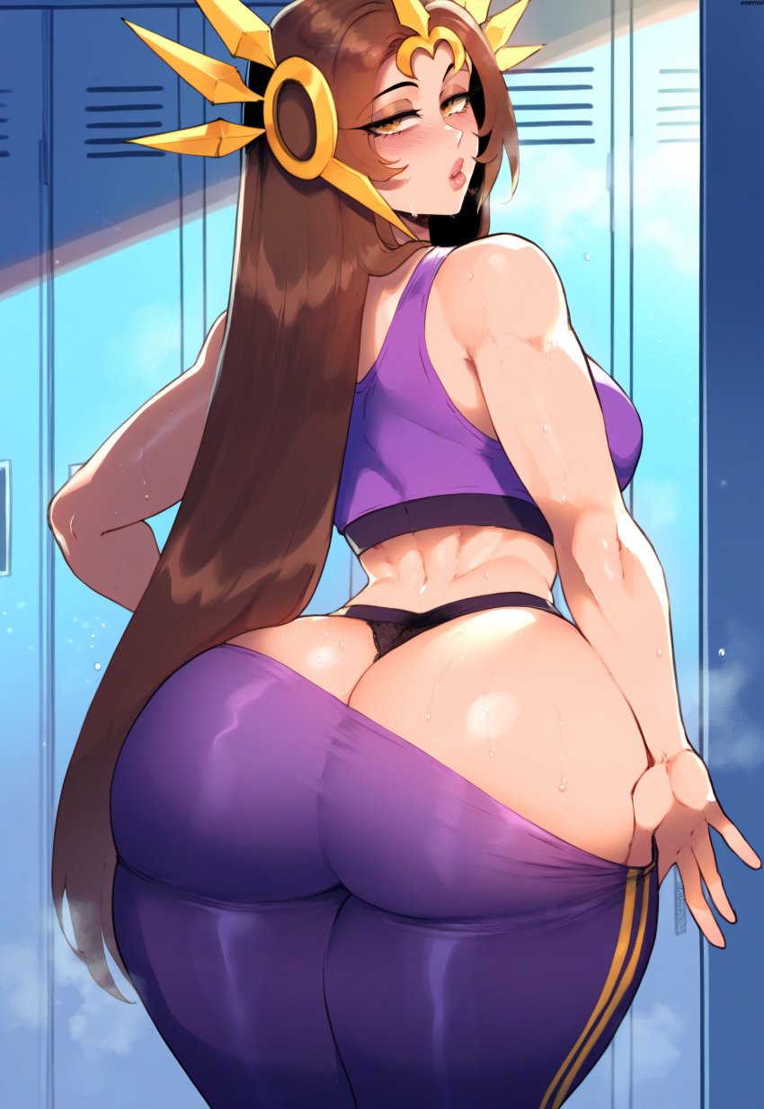 1girls ai_generated anemoi ass ass_focus back_view big_ass big_butt brown_hair female gym gym_clothes gym_uniform league_of_legends leggings leona_(league_of_legends) locker_room looking_at_viewer looking_back orange_eyes riot_games smell smelly solo solo_female steamy striptease sweat sweaty teasing thong undressing watermark yoga_pants