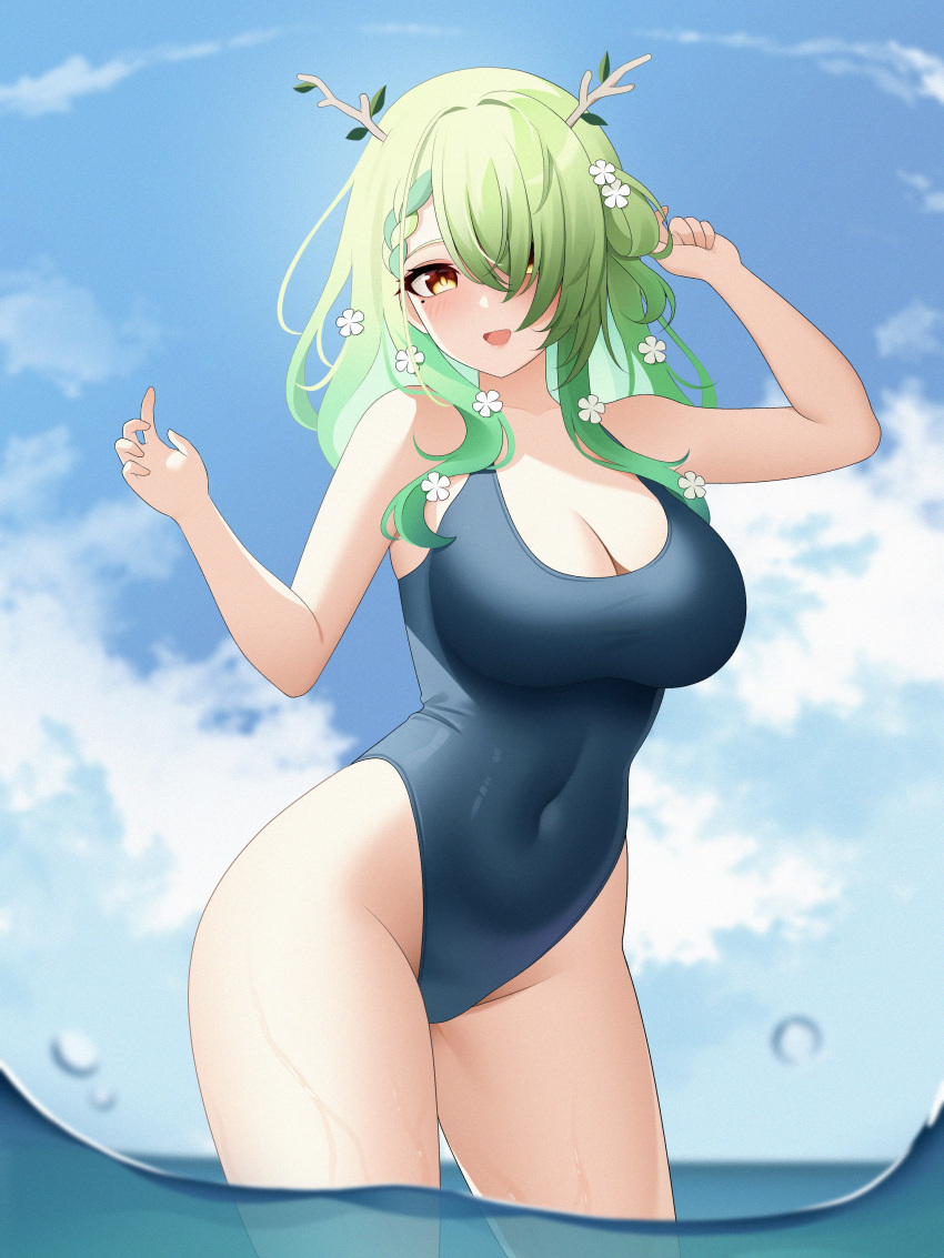 1girls 2024 2d 2d_(artwork) big_breasts blue_swimsuit ceres_fauna clouds day drey525 female female_focus female_only flowers flowers_in_hair front_view green_hair hair_over_one_eye high_resolution highres hololive hololive_english hourglass_figure light-skinned_female light_skin medium_hair mole mole_under_eye ocean one-piece_swimsuit outdoors sky smiling smiling_at_viewer solo solo_female solo_focus standing standing_in_water summer swimsuit tight_clothing virtual_youtuber voluptuous voluptuous_female vtuber vtuberfanart water white_flowers yellow_eyes young younger_female