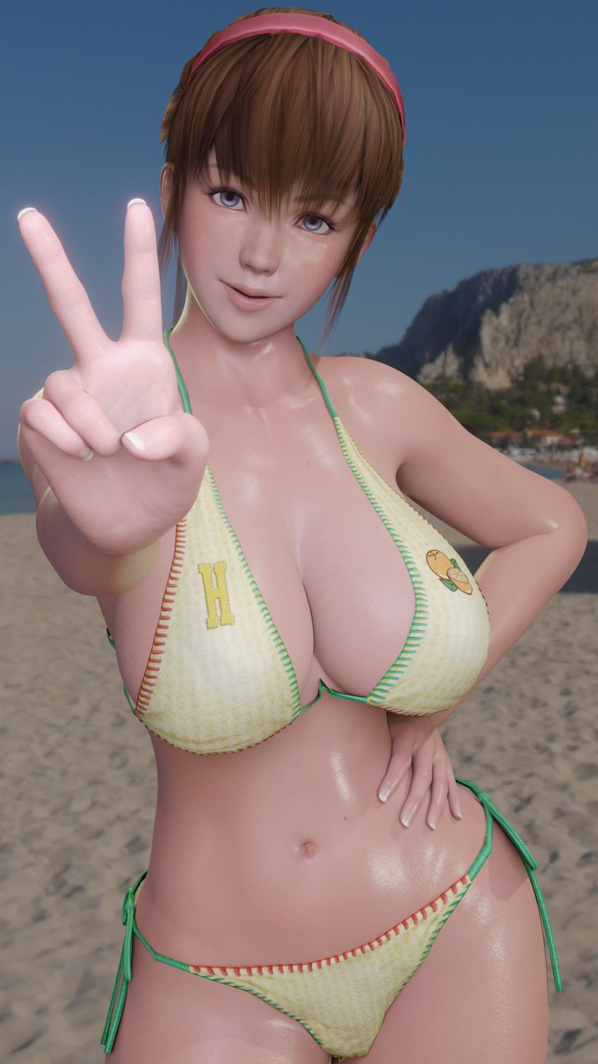 1girls 3d beach big_breasts blue_eyes breasts brown_hair busty dead_or_alive dead_or_alive_xtreme_beach_volleyball dom3d female female_focus female_only hitomi_(doa) hourglass_figure human large_breasts light-skinned_female light_skin outdoors outside solo straight_hair v v_sign wide_hips