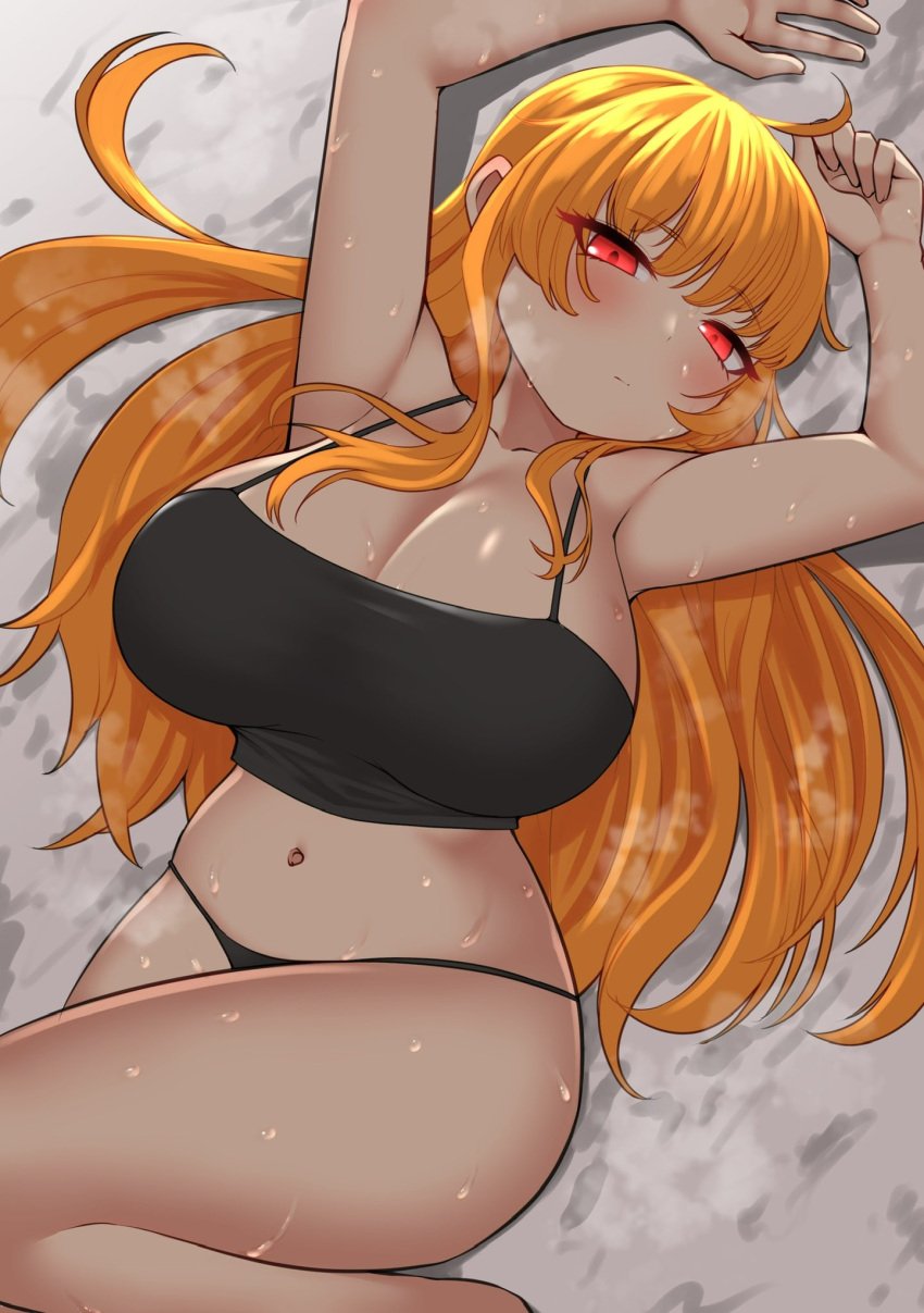 1girls breasts cleavage glowing_eyes huge_breasts human kaori_(splatoon) laying_down light-skinned_female light_skin long_hair navel nintendo nobunagapero orange_hair red_eyes shiny_skin splatoon steam sweat sweating tagme tank_top thick_thighs thighs thighs_together wide_hips