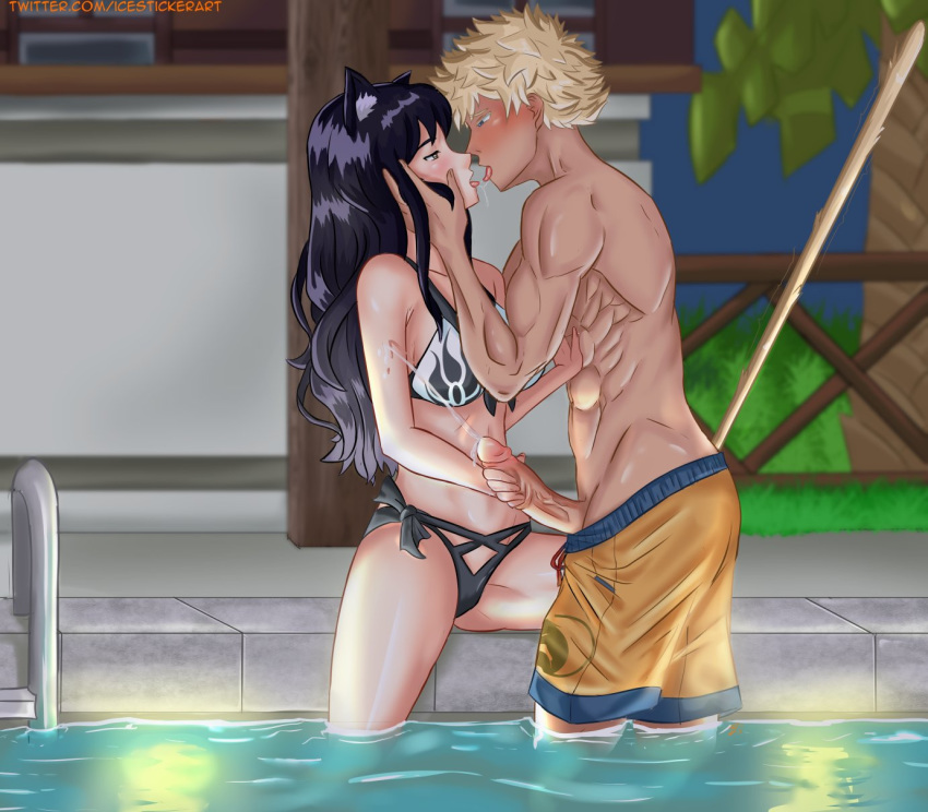 1boy 1girls abs bikini black_hair blake_belladonna blonde_hair blush cat_ears cum cum_on_body cum_on_hand cumshot erection faunus half-closed_eyes half-dressed handjob icesticker kissing monkey_tail orgasm outdoors outside penis pool public rwby saliva saliva_trail sun_wukong_(rwby) swim_trunks swimming_pool swimming_trunks swimsuit