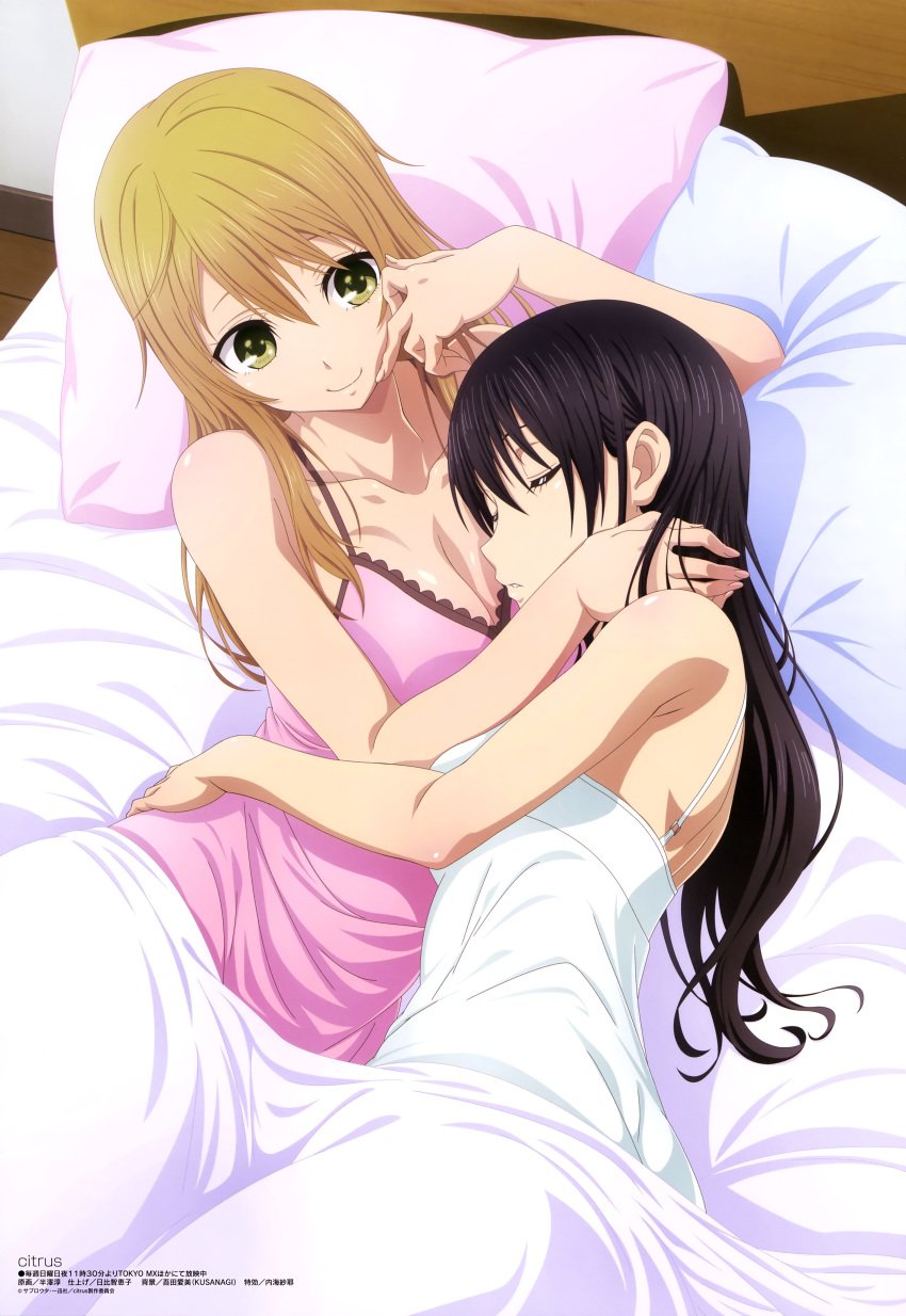 aihara_mei aihara_yuzu bed black_hair blonde_hair citrus_(saburouta) green_eyes tender yuri