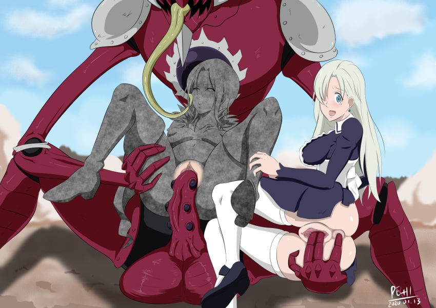 1boy 2girls armor big_balls breasts bumpy_penis demon demon_boy demon_cock demon_dick demon_male elizabeth_liones galand goddess huge_balls huge_cock human/demon merlin_(nanatsu_no_taizai) monster monster_cock monster_penis multiple_girls nanatsu_no_taizai penetration re411 seven_deadly_sins sex spread_legs stoned thighhighs trio trio_focus vaginal vaginal_penetration vaginal_sex