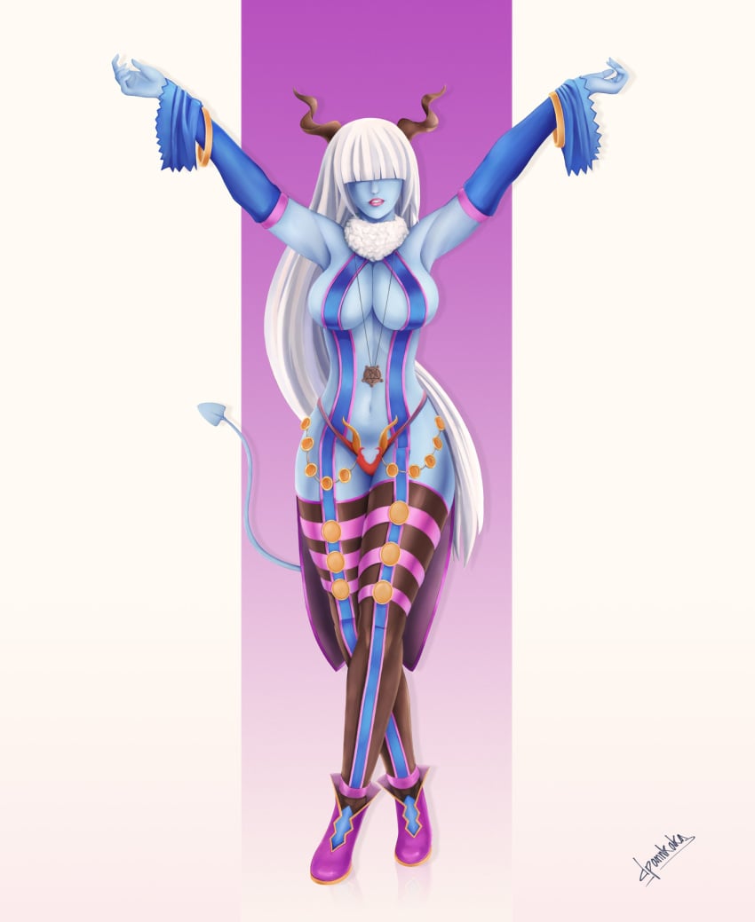 armpits arms_above_head arms_raised belly_button big_breasts blue_skin demon demon_girl demon_tail dpannkaka elbow_gloves exposed_belly gold_jewelry original_character pannkaka666 pentagram pink_shoes red_panties thighhighs white_hair