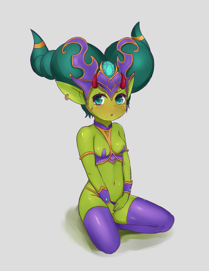 chromie dark_hair dpannkaka fel_queen_chromie female goblin_(warcraft) gold_jewelry green_eyes green_hair green_skin hand_on_crotch heroes_of_the_storm kneeling looking_at_viewer pannkaka666 pointy_ears purple_stockings small_breasts world_of_warcraft