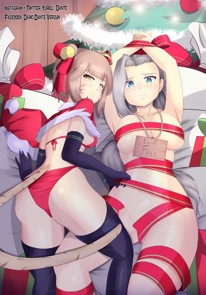 2girls ass bed blue_eyes brown_hair christmas christmas_outfit christmas_tree gloves lying mobile_legends multiple_girls panties presenting silvanna_(mobile_legends) tagme tape thighhighs thighs wanwan_(mobile_legends) white_hair