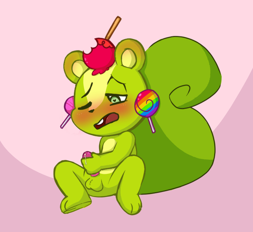 absurd_res balls blush buckteeth candy erection food fur green_body green_fur happy_tree_friends hi_res lollipop male male_only mammal nutty_(htf) open_mouth penis rodent sciurid simple_background teeth tree_squirrel