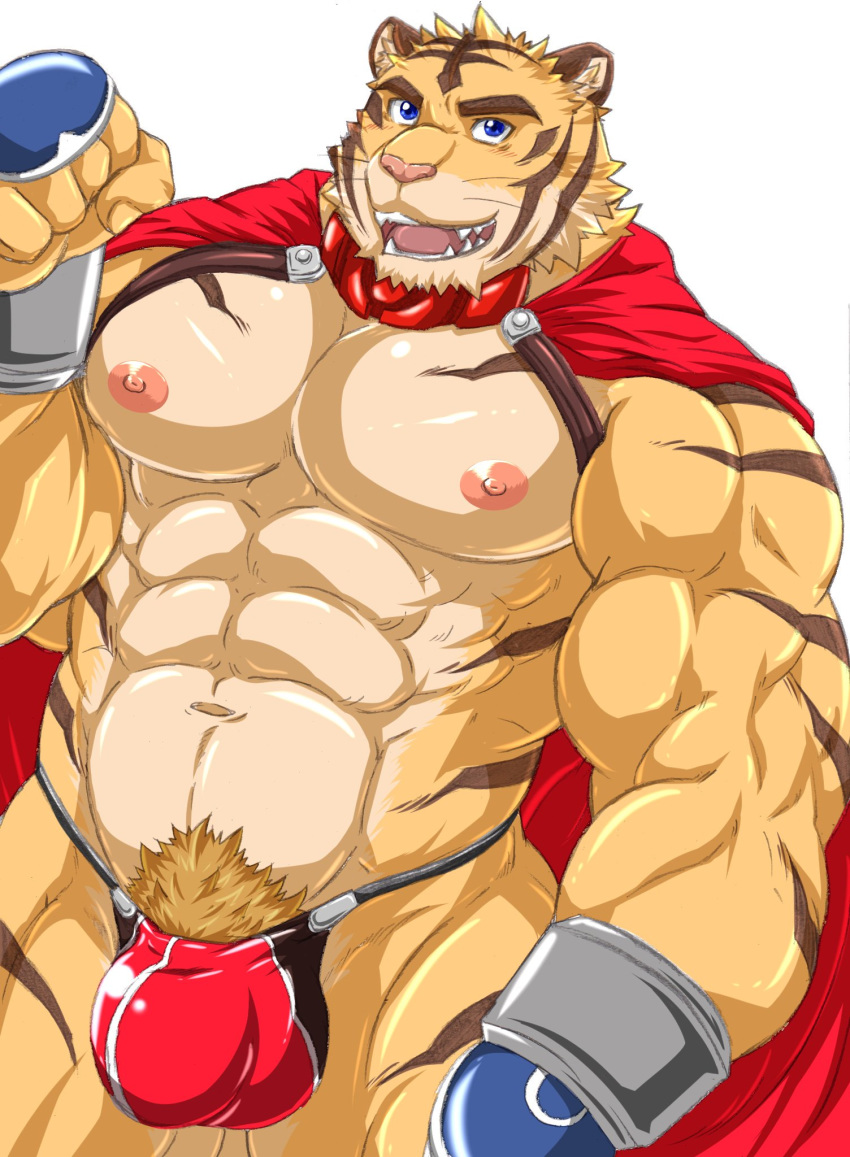 abs anthro biceps blue_eyes build_tiger build_tiger_(character) cape clothing felid fur furry furry_only hi_res male male_only mammal multicolored_body multicolored_fur muscular muscular_male nipples orange_body orange_fur pantherine pecs pubes simple_background solo striped_body striped_fur stripes tan_body tan_fur tiger two_tone_body two_tone_fur wasabimayo white_background