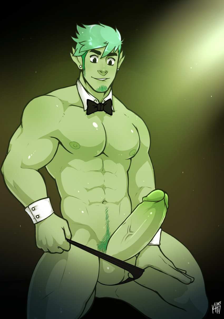 2017 abs ambiguous_species balls bite biting_lip biting_own_lip body_hair bowtie chippendales clothed clothing collar ear_piercing earrings erect_nipples erection facial_hair green_body green_hair green_penis green_skin hair hairy happy_trail hi_res huge_cock huge_testicles kneeling male male_only muscular muscular_male navel nipples partially_clothed pecs penis piercing pointed_ears pubes sal_(pteroscreams) self_bite simple_background solo thong unafkennyart underwear_pull vein veiny_penis