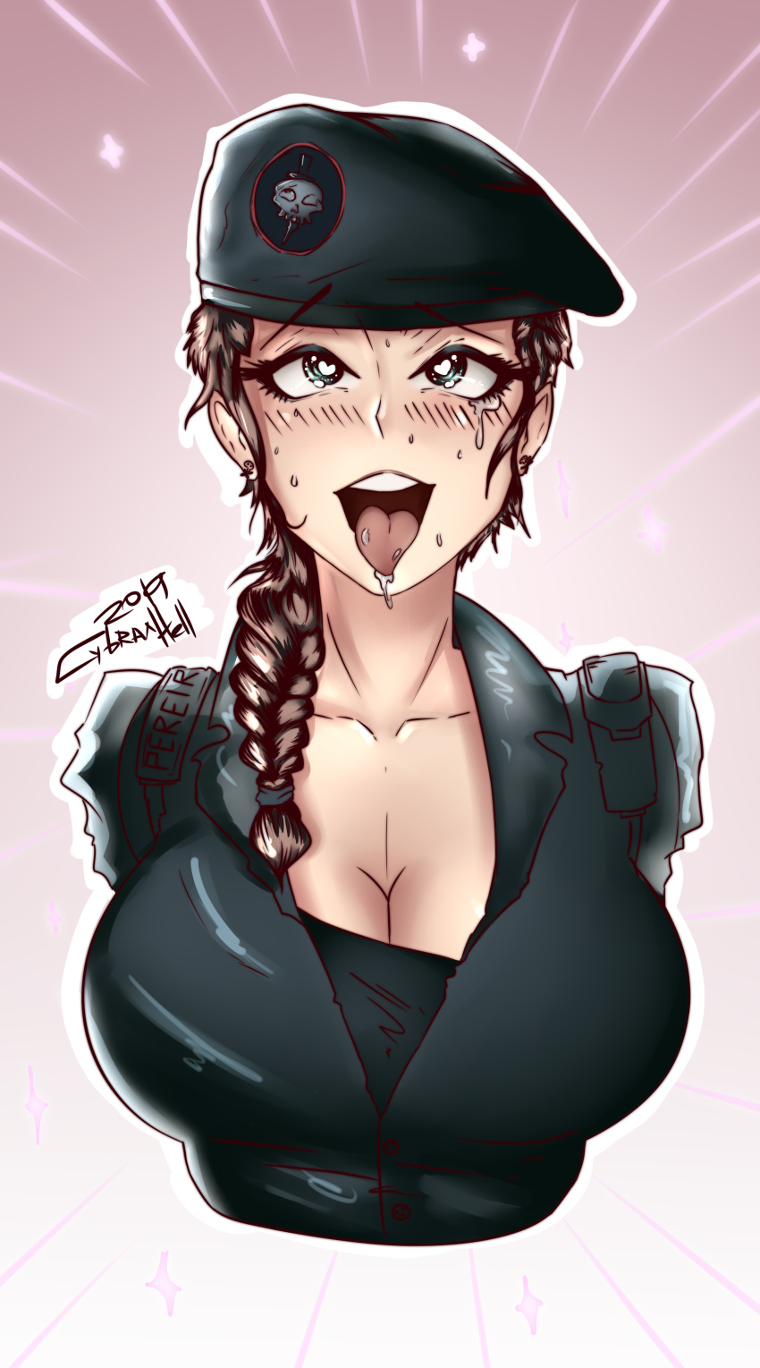 1girls 2019 absurdres ahe_gao beret blush braid brazilian brazilian_female breasts brown_hair bust caveira_(rainbow_six) cleavage clothed collarbone cross-eyed cybraxhell dated earrings eyelashes female female_only hat heart heart-shaped_pupils highres human large_breasts long_hair rainbow_six rainbow_six_siege redbone saliva signature single_braid solo sweat tears tom_clancy tongue tongue_out