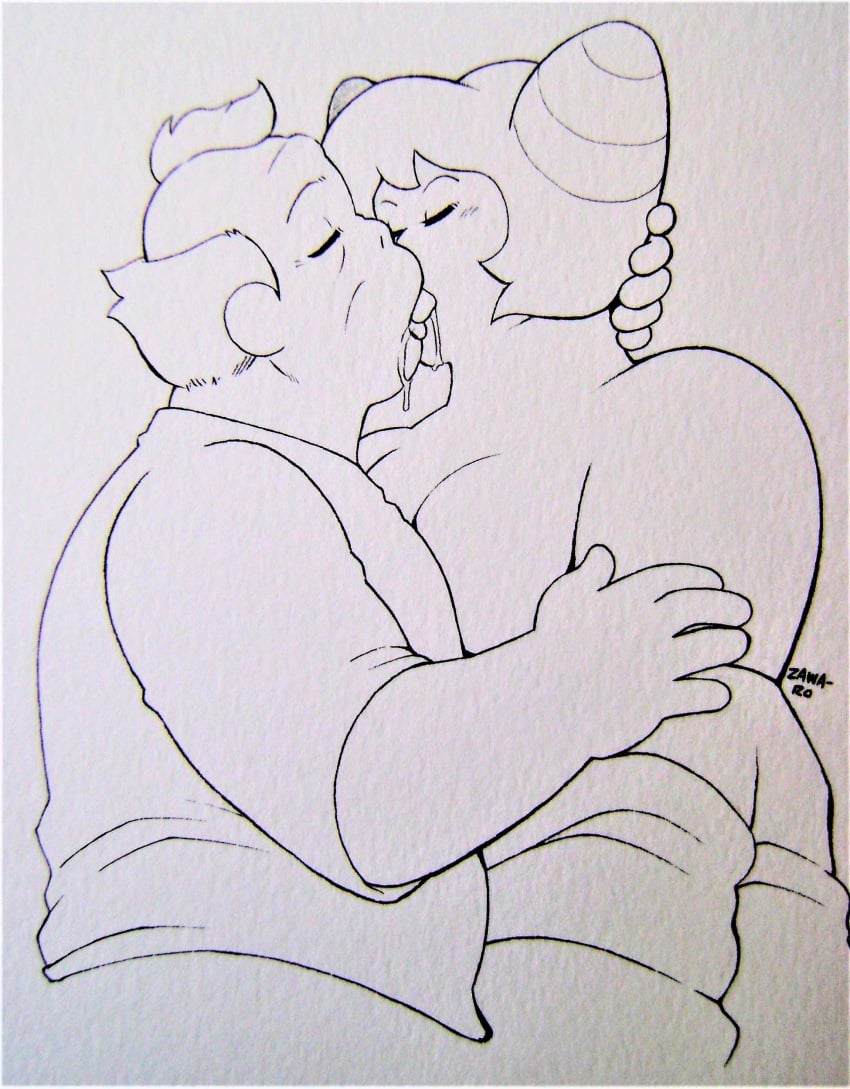 1boy 1girls andy_demayo artist_name artist_signature breasts cartoon_network closed_eyes clothing duo female french_kiss gem_(species) hi_res high_resolution highres holding_head holly_blue_agate human interspecies kissing male monochrome shirt steven_universe straight tongue topless undressing zawa-ro