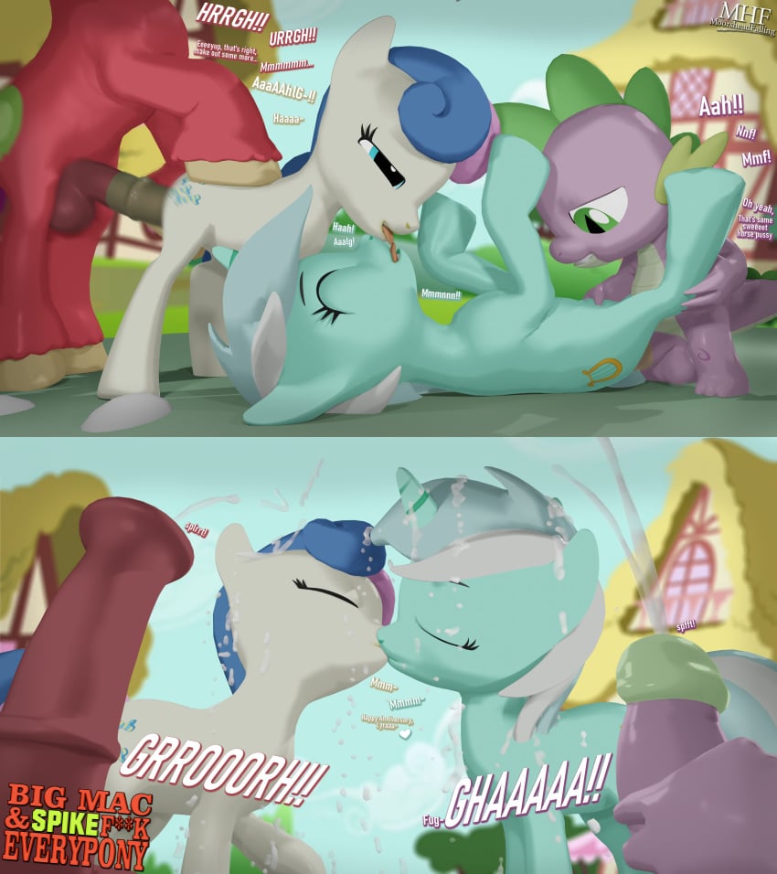 3d absurd_res all_fours animal_genitalia animal_penis balls big_macintosh_(mlp) big_penis bisexual bodily_fluids bonbon_(mlp) comic condom cum cum_everywhere cum_in_hair cum_on_face cum_shower cumshot cutie_mark detailed_background dialogue doggy_style dragon earth_pony ejaculation equid equine equine_penis erection female female/female feral feral_on_feral foursome freckles french_kissing friendship_is_magic from_behind_position genital_fluids group group_sex hair heart hi_res horn horse humanoid_penis interspecies kissing love lying lyra_heartstrings_(mlp) male mammal masturbation messy missionary_position moorsheadfalling mounting multicolored_hair my_little_pony on_back orgasm penetration penis pony pterippus public purple_body purple_skin red_body red_skin safe_sex sex size_difference smile spike_(mlp) straight text unicorn wings