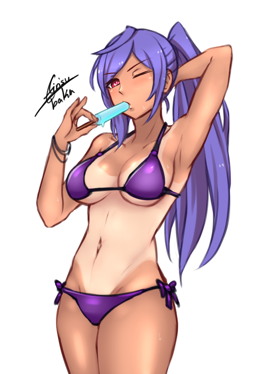 1girls absurdres airisubaka armpits bikini blush breasts clothed cowboy_shot female female_only food front_view hand_behind_head highres holding_food human iris_heart large_breasts long_ponytail looking_at_viewer neptunia_(series) one-piece_tan one_eye_closed pink_eyes plutia ponytail popsicle purple_bikini side-tie_bikini signature simple_background solo suggestive suggestive_food tanlines tanned white_background wink