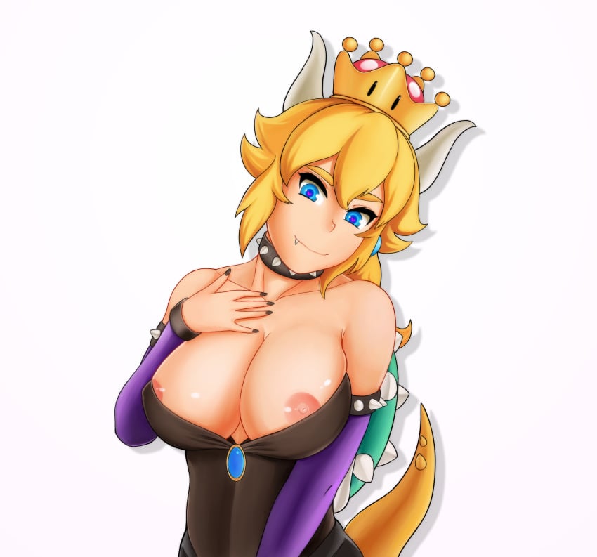 black_nails blonde_hair blue_eyes bowsette collar dpannkaka exposed_breasts exposed_nipples genderswap horns looking_at_viewer mario_(series) new_super_mario_bros._u_deluxe nintendo pannkaka666 white_background