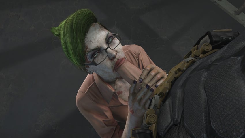 1boy 1girls 3d 3d_(artwork) batman batman:_arkham_knight batman_(series) blowjob blue_eyes christina_bell csr55 dc eyewear fellatio female glasses green_hair hetero male oral rocksteady_studios source_filmmaker