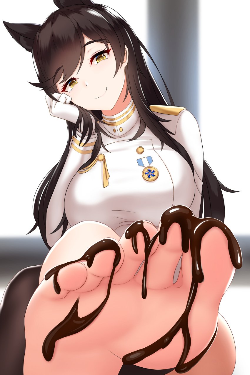 1girls atago_(azur_lane) azur_lane barefoot big_breasts black_hair breasts chocolate_on_foot clothed_female damao_yu dark_hair feet female female_only food_play foot_focus gloves huge_breasts large_breasts long_hair looking_at_viewer pov_feet presenting_foot sitting soles solo toes yellow_eyes