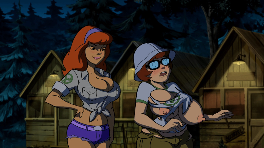 2girls accurate_art_style alternate_breast_size belt black-framed_eyewear black-framed_glasses blush breast_expansion brown_hair bursting_breasts cabin camp_scare cargo_pants cargo_shorts chubby cleavage daphne_blake denim_shorts edit embarrassed erect_nipples female_only forest freckles glasses hand_on_hip hanna-barbera huge_breasts jean_shorts long_hair medium_hair midriff navel nerd nipples orange_hair outdoors scooby-doo scooby-doo!_camp_scare screen_rant_thumbnail_material screenshot screenshot_edit shirt short_shorts short_sleeves shorts tearing_clothes tied_shirt tight_clothing trees velma_dinkley white_shirt yetig