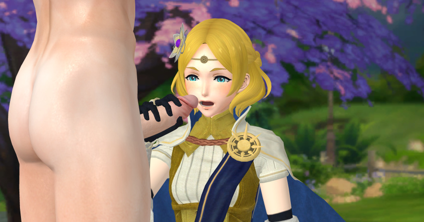 1boy 1girls 3d aqua_eyes blonde_hair clothed_female clothed_female_nude_male fire_emblem fire_emblem_warriors hand_on_penis handjob head_ornament lianna_(fire_emblem) mikey_obscurest nintendo nude_male open_mouth pale-skinned_female pale-skinned_male penis penis_grab xnalara