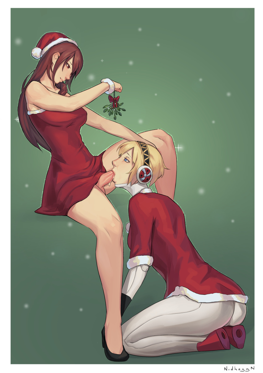 1futa 1girls aegis_(persona) aigis_(persona) blonde_hair blue_eyes christmas christmas_outfit clothed fellatio female futa_on_female futanari hand_on_another's_head kneeling megami_tensei mistletoe mistletoe_above_penis mitsuru_kirijo nidhoggn oral oral_sex penis persona persona_3 red_eyes red_hair santa_hat