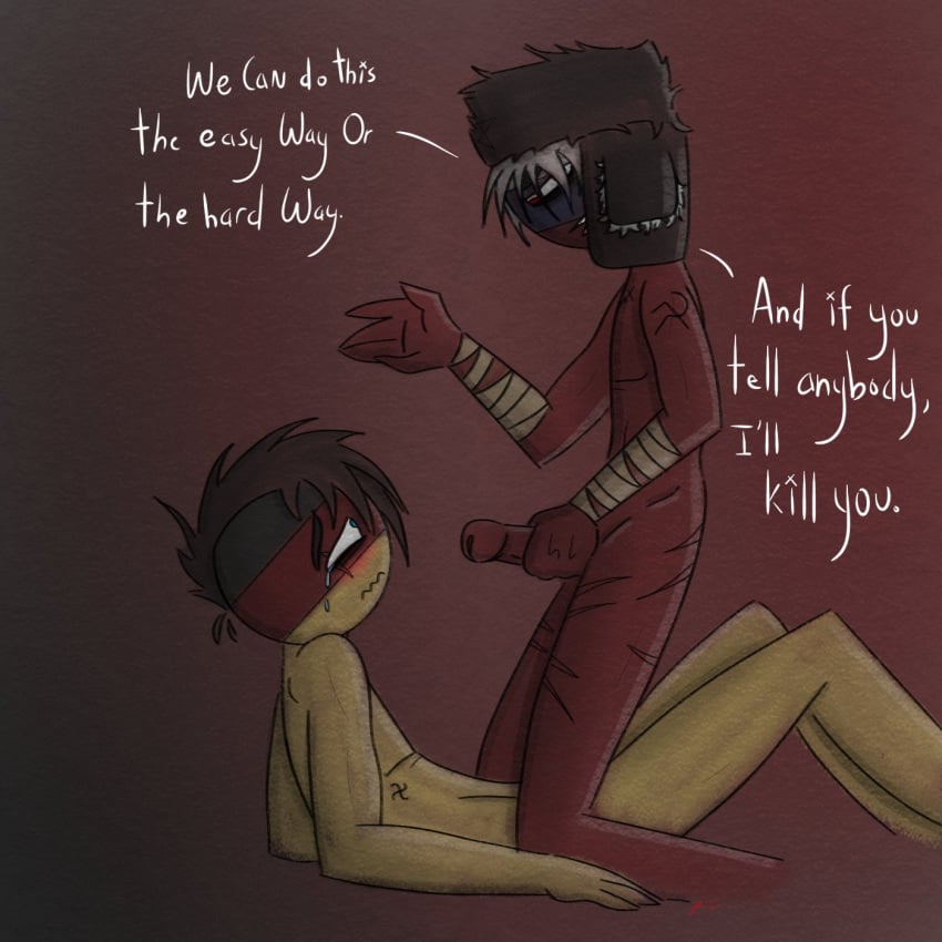 bandage blue_eyes blush brown_hair countryhumans crying crying_with_eyes_open death_threat english english_text germany germany_(countryhumans) hat holding_penis lilithrosen on_top penis red_eyes red_skin russia russia_(countryhumans) scar scar_across_eye swastika text threat threatening white_hair yellow_body yellow_skin