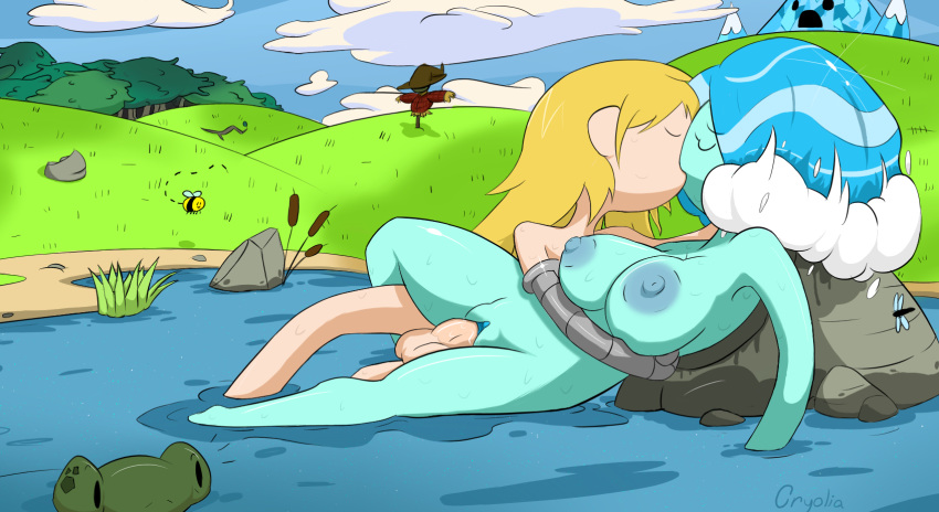 1boy 1girls 2d adventure_time bee big_breasts blonde_hair blue_areola blue_clitoris blue_hair blue_nipples blue_skin blue_sky breasts breezy_(adventure_time) bulrush clitoral_hood clitoris cloud completely_nude_female completely_nude_male cryolia curvy_female day daytime eyes_closed female finn_the_human grabbing green_skin hetero hetero_sex heterosexual hugging hugging_while_having_sex interspecies_sex kissing kissing_while_penetrated long_hair meadow no_nose partially_submerged pond prosthetic_arm pussy reclining scarecrow sex short_hair straight sweat uncensored vaginal_penetration water water_hair water_nymph